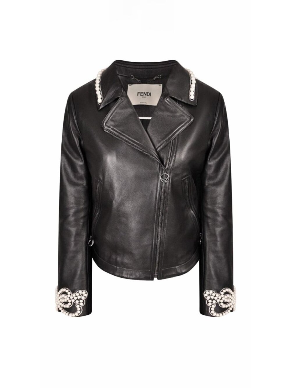 Fendi Pearl Embellished Leather Biker Jacket Black Resort 2018 Size IT 40 US 4